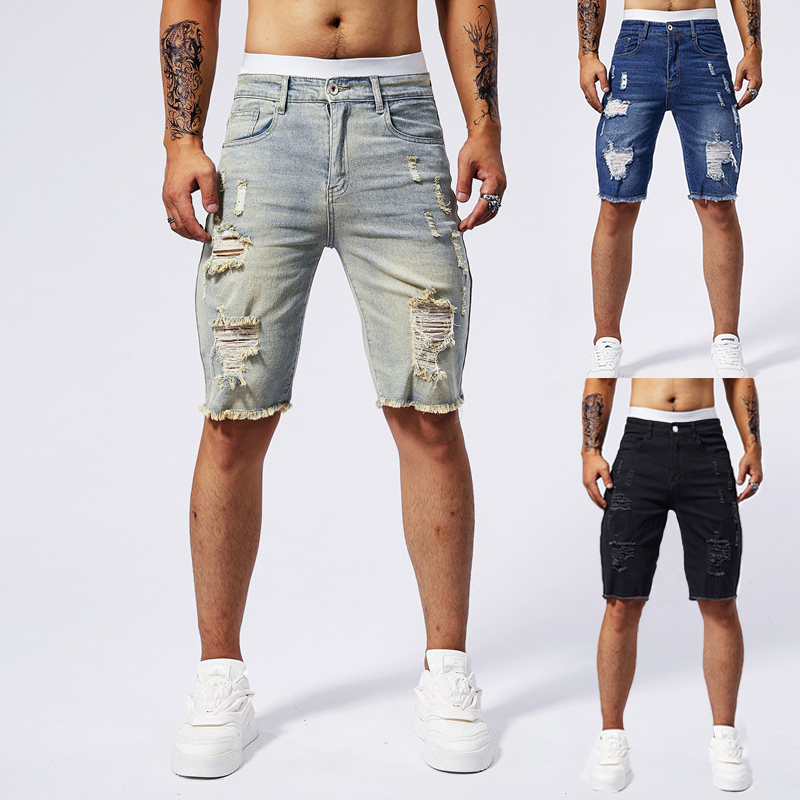 Streetwear Brands - 2025 ฤดูร้อนใหม่ผู้ชาย Ripped กางเกงยีนส์กางเกงขาสั้นแฟชั่น Vintage Hole
