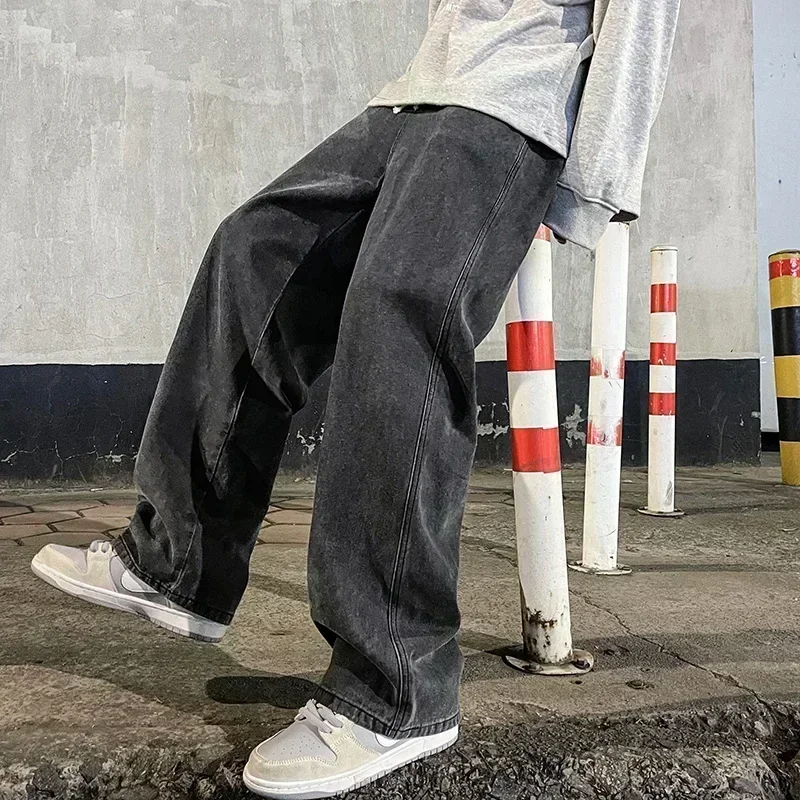 Good Streetwear Brand - คุณภาพดีStreetwearกางเกงยีนส์หลวมผู้ชายแฟชั่นสไตล์เกาหลีหลวมตรงกางเกงขากว้างผู้ชายแบรนด์เสื้อผ้าสีดําสีฟ้า