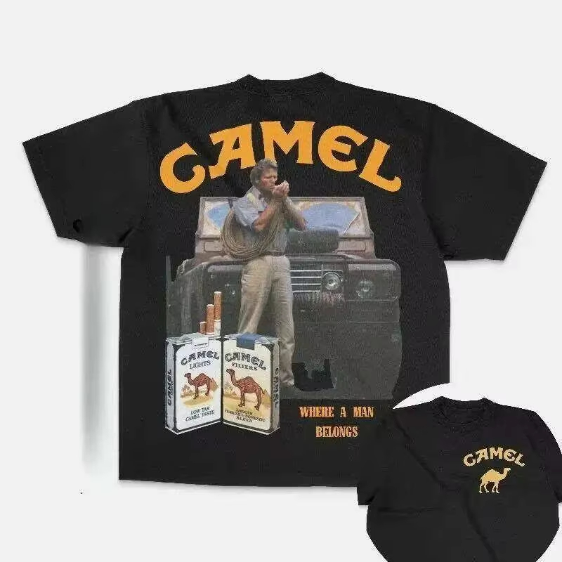 Streetwear Brand Marketing - วินเทจโฆษณาคลาสสิกคาเมล เทรนดี้แบรนด์เสื้อยืดผ้าฝ้ายกราฟิกทีชายหญิงฤดูร้อนสตรีทแวร์