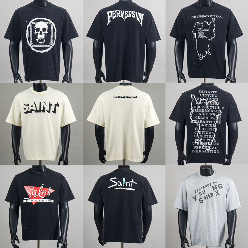 Quality Streetwear Brand - เสื้อยืดแบรนด์สตรีทแวร์สไตล์อเมริกันเรโทร ลุคซักฟอกขาดๆ แบบ Saint คุณภาพสูง แฟชั่นอเนกประสงค์